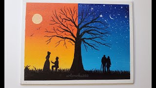 Day and night scenery|Romantic couple painting|Easy canvas painting|Easy Acrylic painting