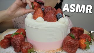 WHOLE Fresh Strawberry Cream Cake *No Talking Eating Sounds | N.E Let's Eat