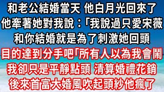 和老公結婚當天 他白月光回來了，他牽著她，對我說：我說過只愛宋薇，和你結婚就是為了刺激她 目的達到分手吧 所有人以為我會鬧，我卻只是平靜點頭，清算婚禮花銷，後來首富大婚風吹起頭紗他瘋了#家庭伦理#小說