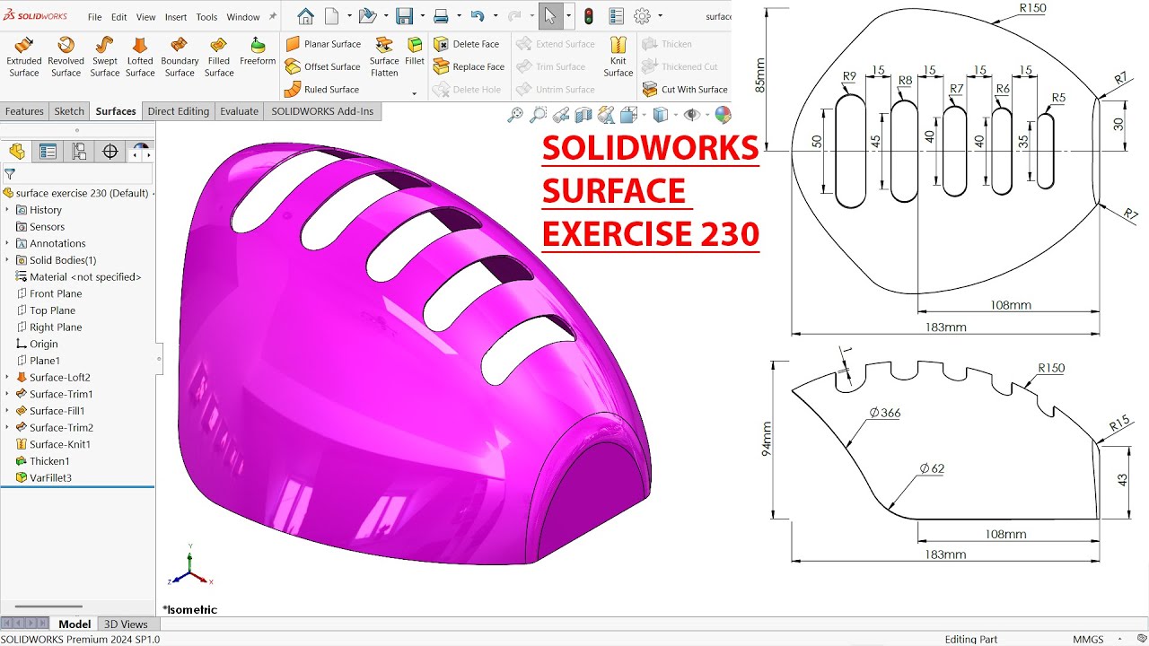 Solidworks Surface Tutorial Exercise 230 Youtube