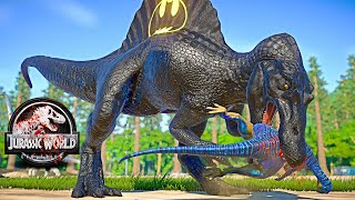 BATMAN Spinosaurus vs Spiderman Indominus Rex Dinosaurs Fight 🌍 JURASSIC WORLD EVOLUTION