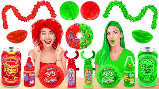GREEN VS RED FOOD CHALLENGE || Awesome ONE COLOR CANDY Mukbang Race for 24HOURS by 123GO! CHALLENGE