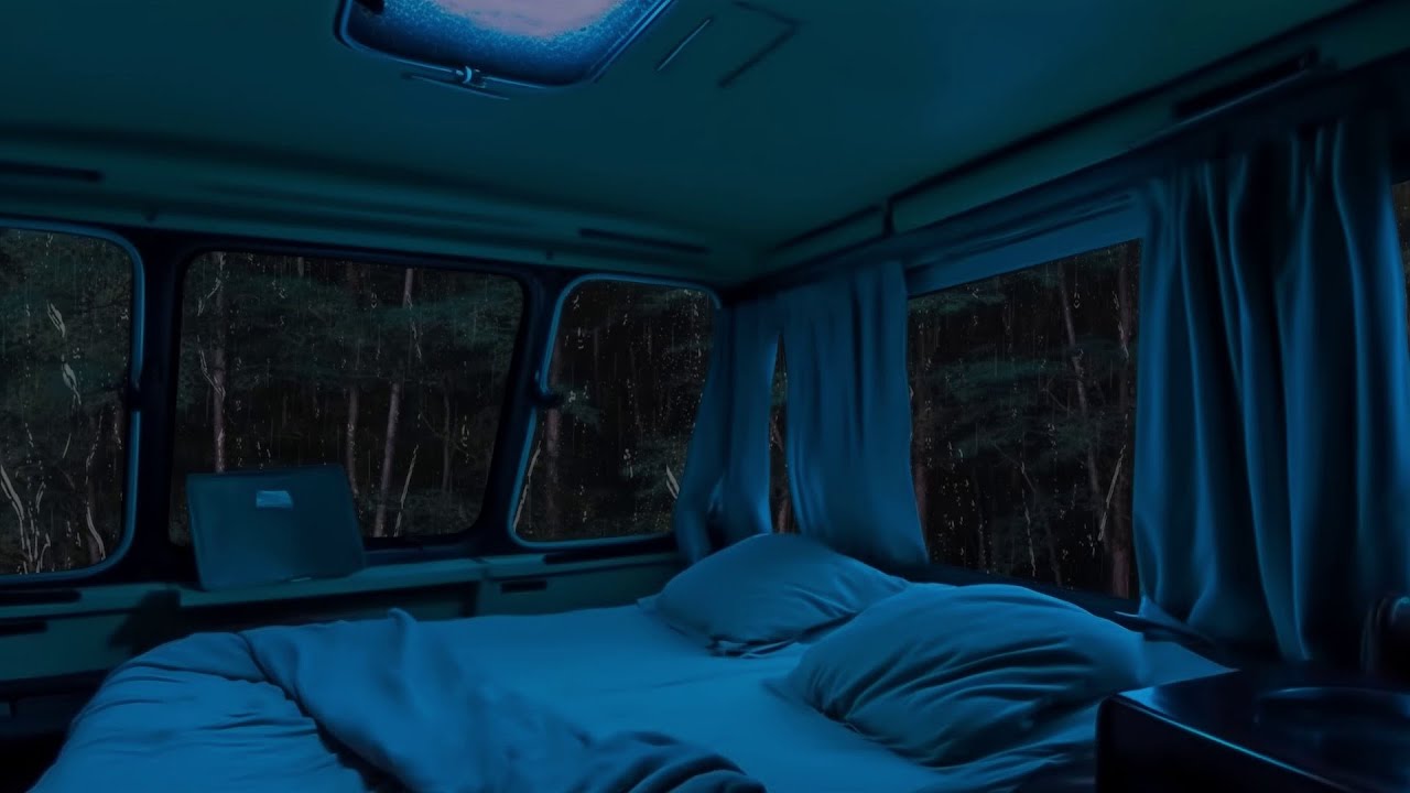 Quiet Night With Rain In Forest While Lying In Cozy Car Deep Sleep
