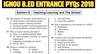 IGNOU B.Ed Entrance Previous Year Question Paper 2018 | Teaching Learning and The School