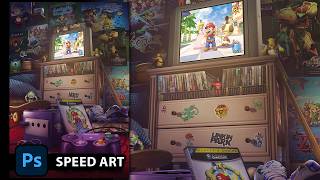 2000s Bedroom Scene with GameCube \u0026 Mario Sunshine | Photoshop Speed Art