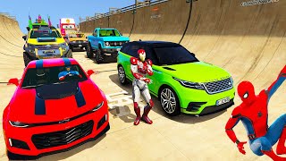 SPIDERMAN Vs Hulk CARS TRAIN Tracks Ramp Challenge ! SUPERHERO HULK Epic Stunts Racing CAR - GTA V