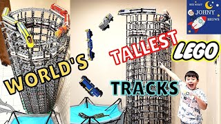 Johny Shows World's TALLEST Lego Train Track Tower Train Layout Crashing Trains