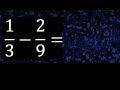 1/3 menos 2/9 , Resta de fracciones 1/3-2/9 heterogeneas , diferente denominador