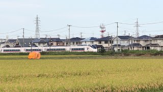 稲刈り中の田んぼと快速列車\u0026特急ひたち26号＠宮城県岩沼市