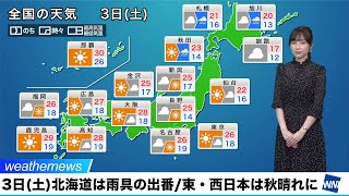 3日(土)の天気／北海道は雨具の出番　東・西日本は秋晴れ続く