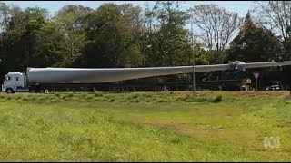 Wind turbine blades make their way across the Atherton Tablelands, Queensland