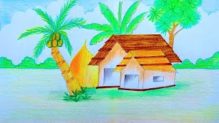 সিম্পল গ্রামের দৃশ্য অংকন ,Beautiful simple village landscape Scenery Drawing,