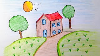 How to draw a house with garden easy drawing step by step with tricks|| for beginners