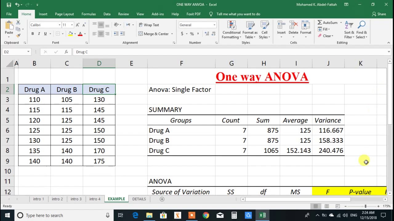 One Way ANOVA Using Excel - YouTube