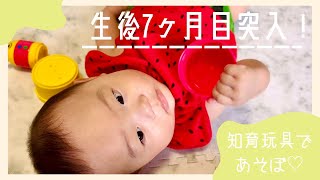 【生後7ヶ月】やんちゃな赤ちゃんに知育おもちゃをプレゼントした反応は⁈!月齢フォトは夏模様★（子育て/玩具/6面/コップ)