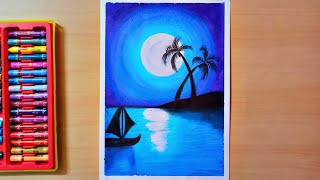 How to Draw Easy Moonlight Scenery With Oil Pastel || Oil Pastel Drawing