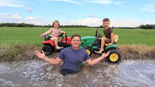 Playing in the mud and watering hay with kids tractors | Tractors for kids