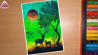 Aurora Night Drawing with Oil Pastels for beginners -  step by step