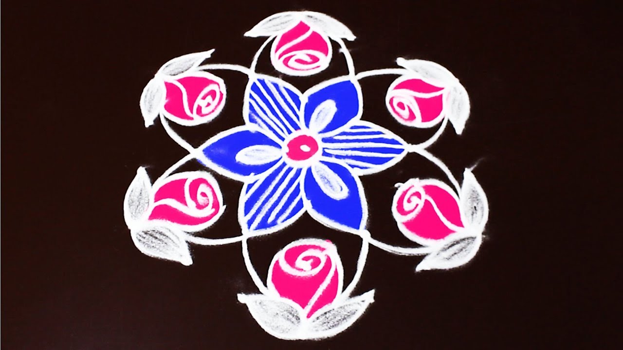 Rose Flower Rangoli Easy Rangoli With 7 To 4 Dots Youtube