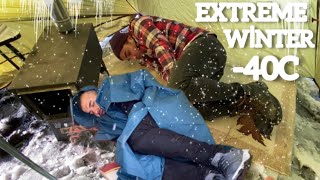 EXTREME Winter SNOW STORM -40C WINTER CAMPING WINTER STORM hits HOT tent. FREEZING wind