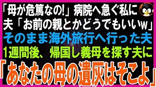 【スカッとする話】「私の母が危篤なの!」病院へ急ぐ私に夫「お前の親とかどうでもいいw今から海外旅行なんだw」そのまま旅行へ   1週間後→夫が帰国し、私「あなたの母の遺灰はそこよ」夫「え？」