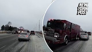 Speeding firetruck nearly smashes into oncoming car in heart-stopping dashcam footage