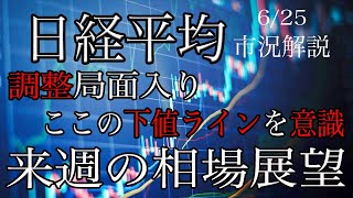 6/25【日経平均】調整局面！ボラティリティ大きい中で、この下値ラインを意識！来週の相場展望考察！