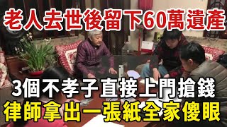 老人去世留下60萬遺產，3個不孝兒子上門爭錢，不料律師拿出一張紙讓全家傻眼！#養老 #情感故事 #老人書