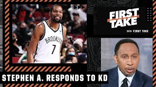 Stephen A. responds to KD calling him out on Twitter | First Take