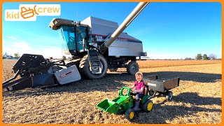 Harvesting crops with kids power wheel tractor & real combine harvester, farm Educational | Kid Crew