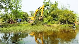 Best Professional Operator Large CAT 315DL Excavator Removes Weeds From Ponds