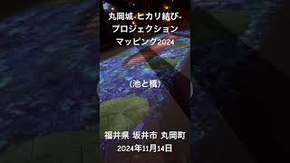 「丸岡城、お天守前公園プロジェクションマッピング、池と橋」丸岡藩誕生400年記念『NAKED 丸岡城プロジェクションマッピング 2024 ～ヒカリ結び特別篇』福井県坂井市丸岡町。2024年11月14日