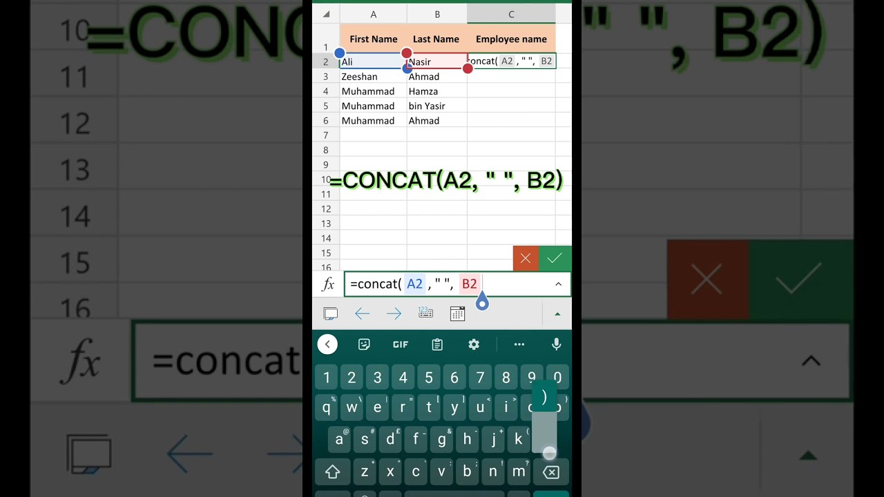 Объедините имя и фамилию в функции Excel CONCAT Microsoft Excel