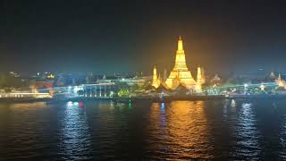 Bangkok Wat Arun, 暁の寺　チャオプラヤー川　Deck 屋上から リバークルーズ　音楽付　夜景　ライトアップ