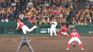 H29.04.14　8回裏　1死１・３塁　高山に痛いタイムリーを打たれる　2点差に　阪神×広島　甲子園