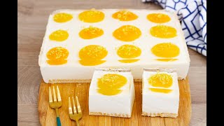 Fried Egg cake with apricot, quark cheese and jelly. This no-bake cake is easy t