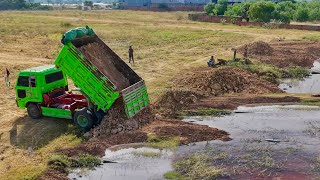 Perfectly Dump Truck 5ton \u0026 Bulldozer Komatsu D31P Pushing Soil, Land Fill Processing by Expert Doze