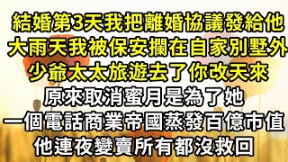 結婚第3天我把離婚協議發給他，大雨天我被保安攔在自家別墅外，少爺太太旅遊去了你改天來，原來取消蜜月是為了她，一個電話商業帝國蒸發百億市值，他連夜變賣所有都沒救回#復仇 #逆襲 #爽文