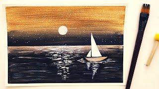 ACRYLIC PAINTING FOR BEGINNERS BLACK AND GOLD / Full Moon night boat ride painting/ black and gold