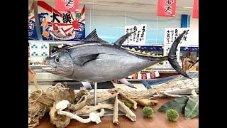 1620sマグロ彫刻ウロコ深彫制作中と展示風景