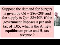 equilibrium price and tax revenue  after the imposition a per unit tax from Demand & Supply function