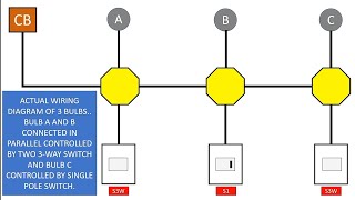 2 BULBS CONNECTED IN PARALLEL CONTROLLED BY TWO - 3WAY SWITCH.. 1 BULB CONTROLLED BY 1 SWITCH..