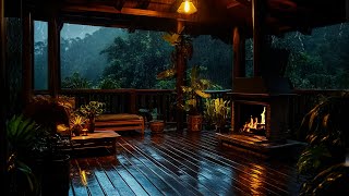 Cozy Rainy Evening: Balcony Views, Fireplace Glow \u0026 Calming Jazz Piano Vibe ~ Deep Sleep Rain Sounds