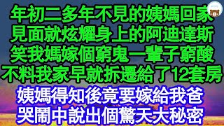 年初二多年不見的姨媽回家，見面就炫耀自己身上的阿迪達斯，笑我媽嫁個窮鬼一輩子窮酸，不料我家早就拆遷給了12套房，姨媽得知後竟要嫁給我爸，哭鬧中說出個驚天大秘密真情故事...