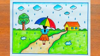 Rainy Day Drawing / How to Draw Rainy Season Drawing Easy Step By Step /Rainy Season Scenery Drawing