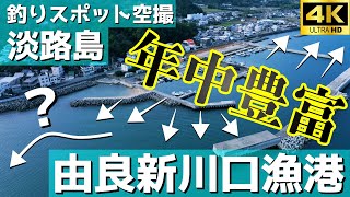 【由良新川口漁港】好条件が揃っている波止が人気？目の前には成ヶ島が迫る。釣りスポット空撮【淡路島】4K