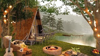 Morning Cozy Porch in Forest Ambience, Soothing Birdsong, Crackling Bonfire, Lake & Nature Sounds