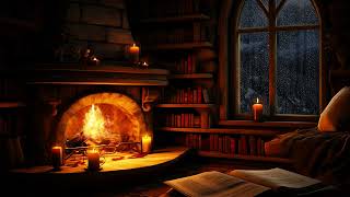 Cozy Reading Nook Ambience | Reading a Book with Crackling Fire and Rain on Window helps to Focus