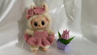 How to crochet cute pink dress & headband for LaBuBu v1 17cm - Step by step - Friendly for beginners