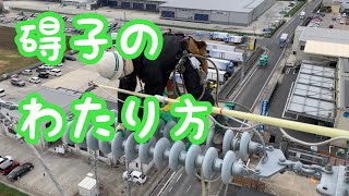 【田副電設】碍子の渡り方。移動ロープを取り付け慎重に渡ります。